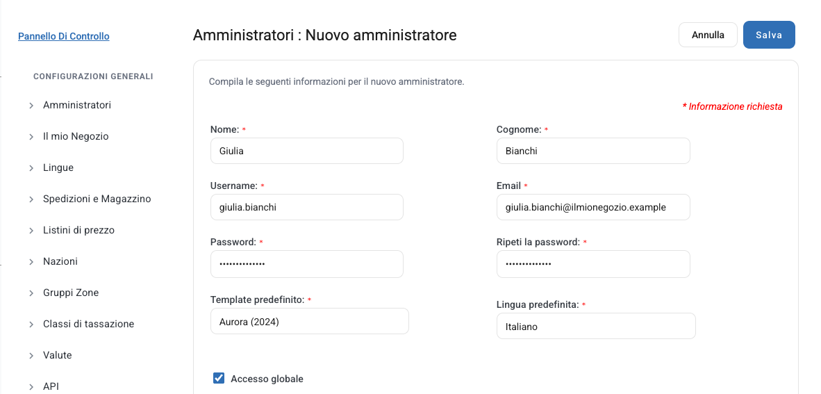 Il modulo per un nuovo amministratore