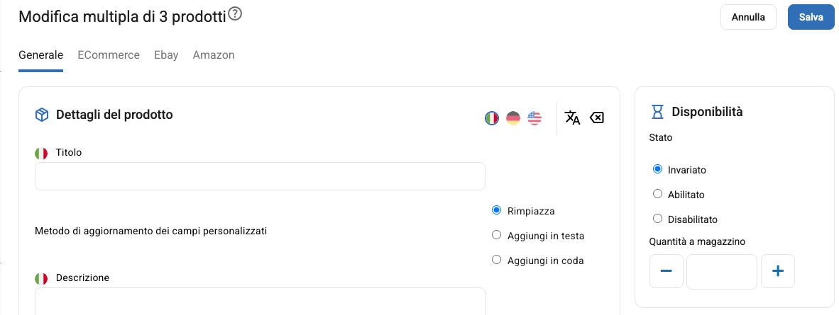 La pagina Modifica multipla con lo Stato su Invariato