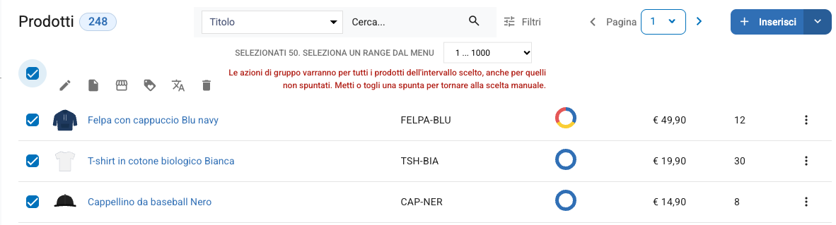 La scelta di un intervallo di prodotti con l'avviso in rosso