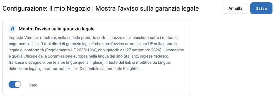 L'impostazione Mostra l'avviso sulla garanzia legale