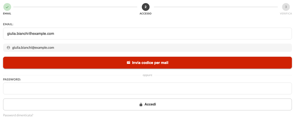 Il secondo passaggio: codice via e-mail oppure password