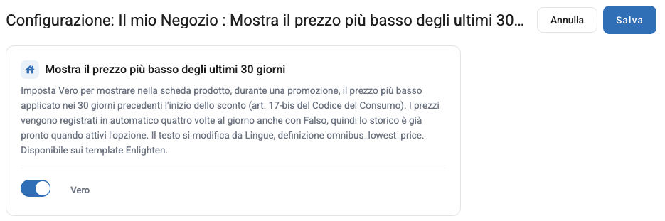 L'impostazione Mostra il prezzo più basso degli ultimi 30 giorni