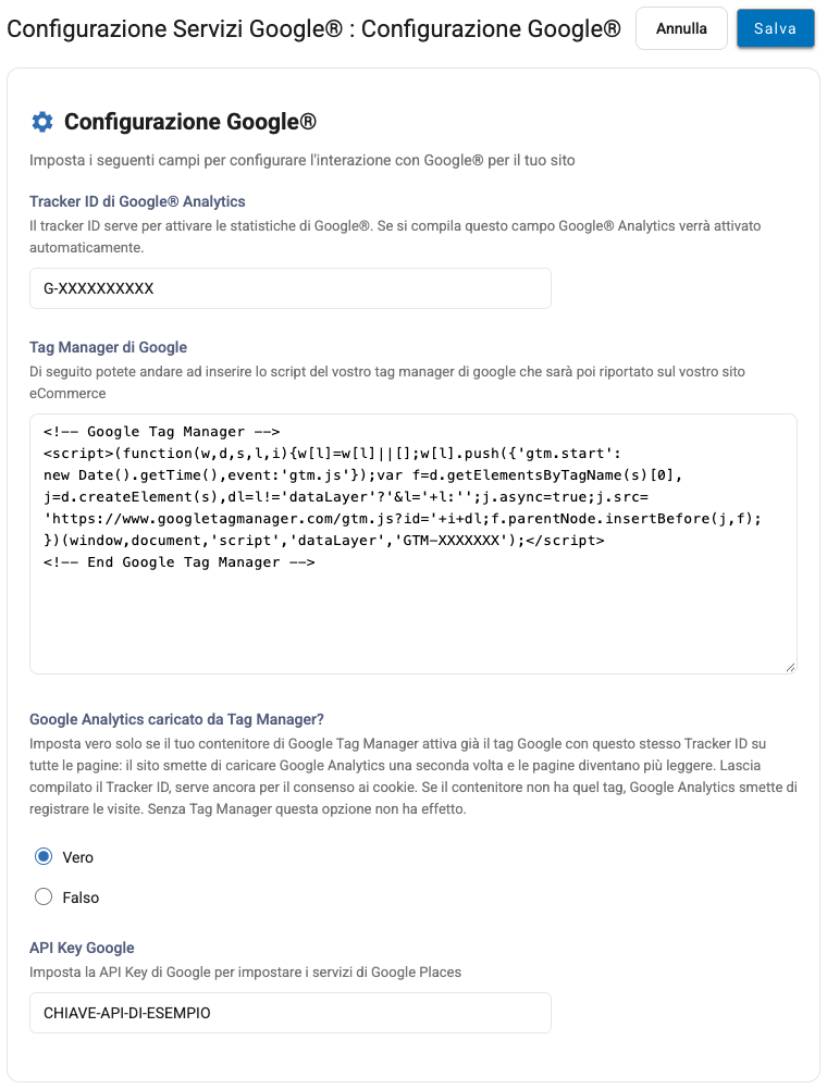 L'opzione Google Analytics caricato da Tag Manager nella configurazione Google, con dati di esempio