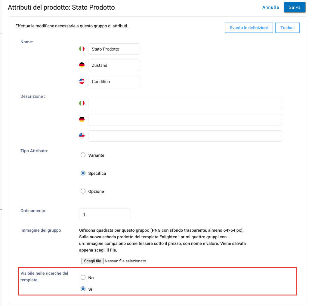 La modifica di un gruppo di attributi con Visibile nelle ricerche del template su Si
