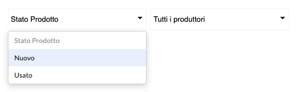 Il filtro Stato Prodotto aperto nella pagina di una categoria, con le voci Nuovo e Usato