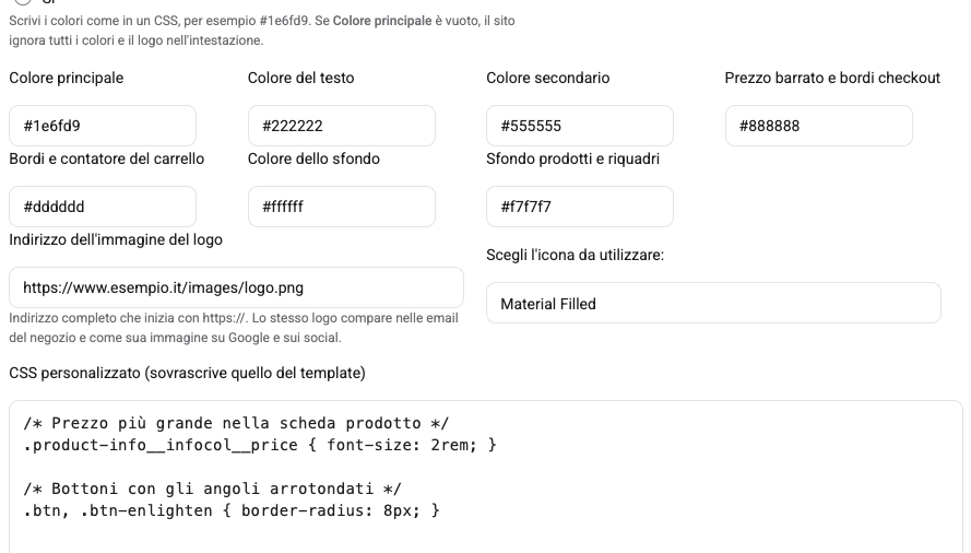 La scheda Configura con i colori, il logo, le icone e il CSS personalizzato