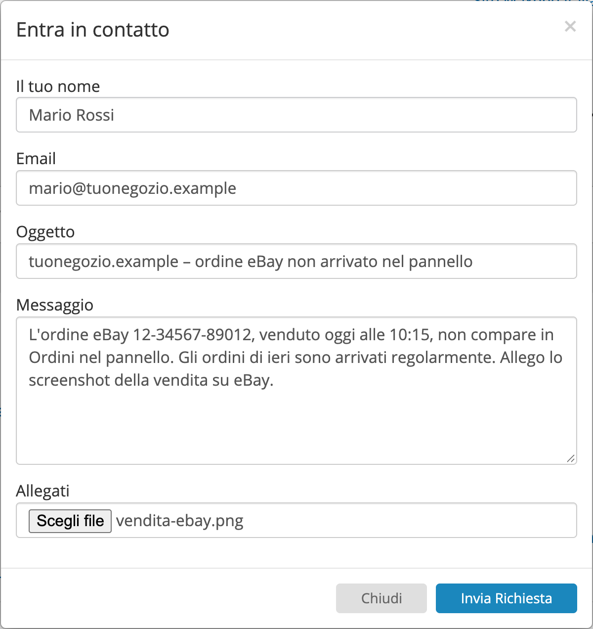 La finestra Entra in contatto compilata