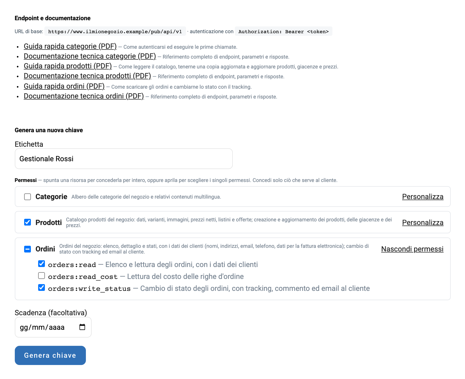 La pagina API con la documentazione, l'etichetta e i permessi della nuova chiave