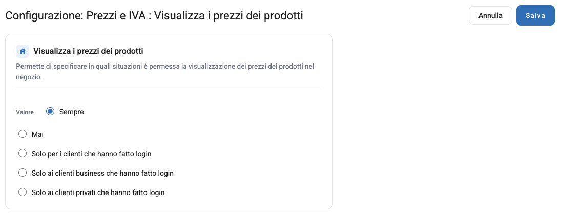 La modifica di Visualizza i prezzi dei prodotti
