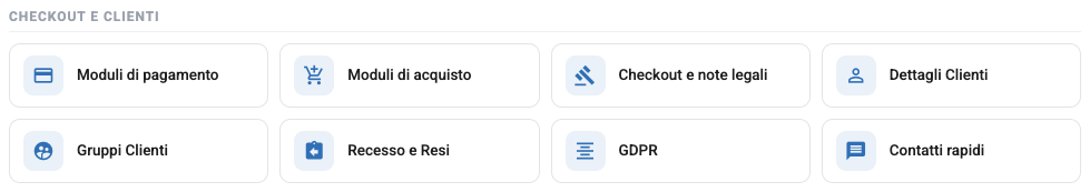 La sezione Checkout e clienti del Pannello di controllo