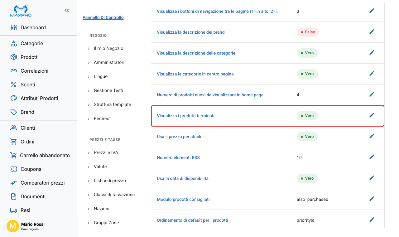 La riga Visualizza i prodotti terminati