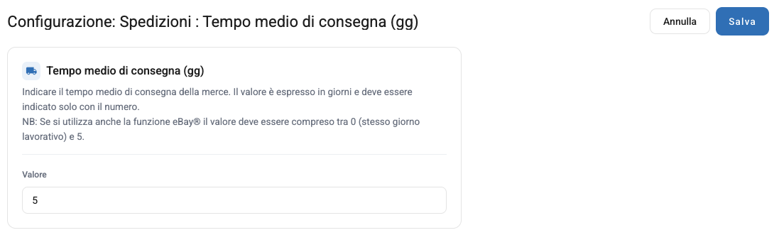 L'impostazione Tempo medio di consegna (gg)