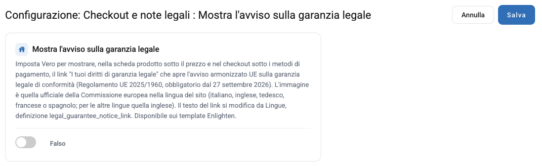 L'impostazione Mostra l'avviso sulla garanzia legale