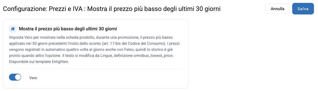 L'impostazione Mostra il prezzo più basso degli ultimi 30 giorni