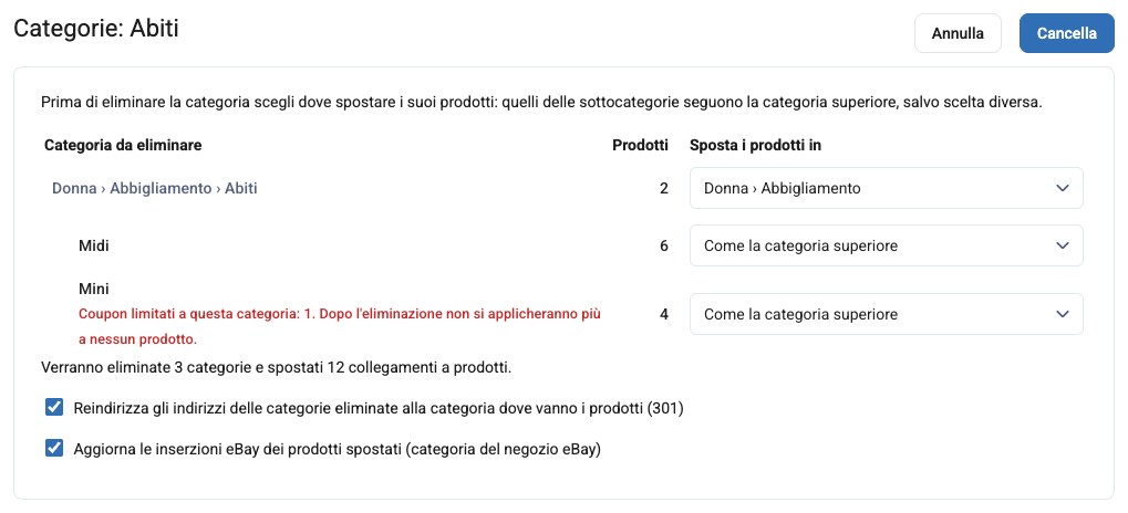 La pagina di eliminazione della categoria Abiti, con le sottocategorie Midi e Mini e la destinazione dei prodotti