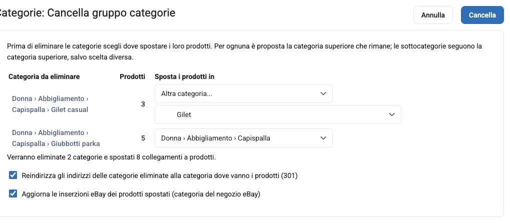 L'eliminazione di due categorie insieme: i prodotti di Gilet casual vanno nella categoria Gilet scelta con Altra categoria