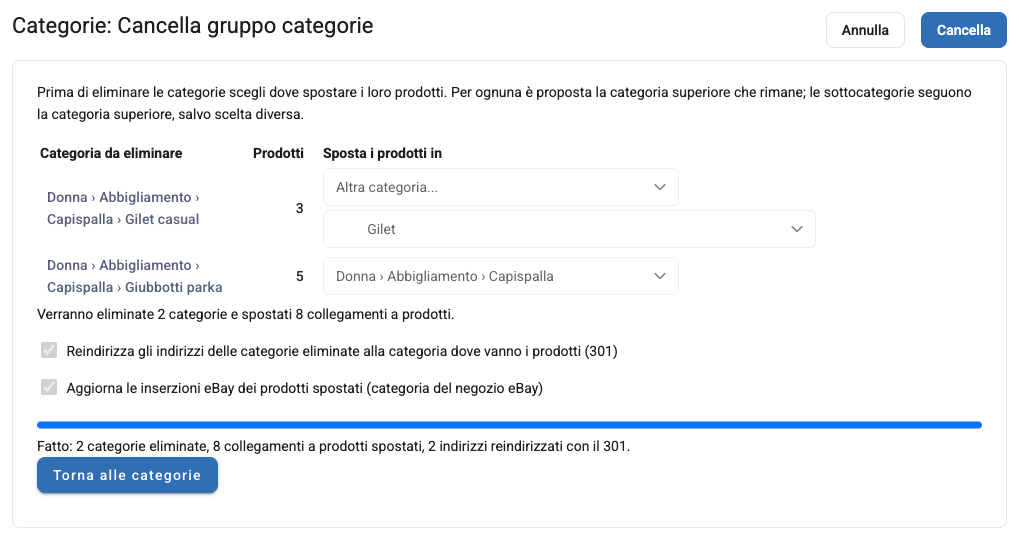 L'eliminazione completata, con la barra piena e il riepilogo finale